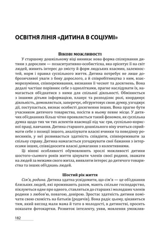 182
ОСВІТНЯ ЛІНІЯ «ДИТИНА В СОЦІУМІ»
Вікові можливості
У старшому дошкільному віці виникає нова форма спілкування ди-
тини з дорослим — позаситуативно-особистісна, яка орієнтує її на світ
людей, живить інтерес до змісту й форм людських взаємин, залежнос­
тей, норм і правил суспільного життя. Дитина потребує не лише до-
брозичливої уваги з боку дорослого, а й співробітництва з ним, взає-
морозуміння, співпереживання, визнання її чеснот та досягнень. Вона
дедалі частіше порівнює себе з однолітками, прагне наслідувати їх, на-
магається об’єднатися з ними для спільної діяльності. Обмінюється
з іншими дітьми інформацією, планує та розподіляє ролі, координує
діяль­ність, домовляється, заперечує, обгрунтовує свою думку, узгоджує
дії, поступається, визнає особисті досягнення інших. Вона прагне бути
учасником дитячого товариства, посісти в ньому певне місце. У дитя-
чих об’єднаннях більш чітко проявляється такий феномен, як суспільна
думка щодо тих чи тих аспектів взаємодії під час гри, суспільно-корис-
ної праці, навчання. Дитина старшого дошкільного віку вчиться сприй-
мати себе з позиції іншого, аналізувати власні вчинки та поведінку ро-
весників, у неї розвивається здатність співдіяти, співпереживати за
спільну справу. Дитина намагається узгоджувати свої бажання з інтер-
есами інших, співвідносити власні домагання з колективними.
Ці вікові особливості обумовлюють зрослі можливості дитини
шос­того–сьомого років життя цінувати членів своєї родини, зважати
на людей за межами свого житла, виявляти інтерес до дитячого товари-
ства та інших об’єднань людей.
Шостий рік життя
Сім’я, родина. Дитина здатна усвідомити, що сім’я — це об’єднання
близьких людей, які проживають разом, мають спільне господарство,
піклуються одне про одного, ставляться до старших і молодших членів
родини з любов’ю, повагою, довірою. Зростає здатність дитини помі-
чати свою схожість на батьків (родичів). Вона радіє цьому, цікавиться
тим, який вигляд мали мама й тато в молодості, в дитинстві, просить
показати фотокартки. Розвиток інтелекту, уяви, мовлення уможлив-
 