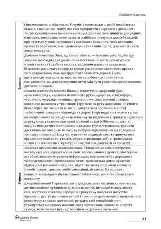 43
особистість дитини
Знання
Спрямованість особистості. Розуміє і може сказати, що їй подобається
більше, а що менше і чому; має свої пріоритети і переваги в діяльності
та спілкуванні, певне коло інтересів; усвідомлює свою цінність для рідних,
близьких, товаришів; може назвати найбільш значущих для себе людей;
орієнтується у своїх «хороших» і «поганих» бажаннях, своїх основних
правах та обов’язках; має елементарне уявлення про те, для чого живуть
люди, вона сама.
Довільна поведінка. Знає, що самостійність — важлива риса характеру
людини, необхідна для досягнення поставленої мети; орієнтується
у своїх сильних і слабких якостях, які допомагають та заважають
їй довести розпочату справу до кінця; усвідомлює важливість правил
та їх дотримання; знає, що труднощів зазнають дорослі і діти,
що їх доводиться долати; знає, що не слід боятися помилитися;
має уявлення, що для досягнення мети слід бути уважною, організованою,
дисциплінованою.
Безпека життєдіяльності. Володіє поняттями «дорожній рух»,
«учасники руху», «правила безпечного руху», «дорога», «світлофор»,
«тротуар», «перехід», «зупинка транспорту»; знає основні правила
поведінки пасажира у транспорті (тримати за руку дорослого, не стояти
біля дверей, не говорити голосно, дякувати за пропозицію сісти)
та безпечної поведінки пішохода на дорозі (переходити на зелене світло
по спеціальному переходу — наземному чи підземному, тримати дорослого
за руку); має уявлення про деякі дорожні знаки («Обережно, діти!»);
знає, як поводитися зі сторонніми людьми (бути стриманою, тримати
дистанцію, не говорити багато, культурно відмовлятися від солодощів
та інших пропозицій), під час суперечки з однолітками (утримуватися
від демонстрації сили, утисків, образ, агресивних дій), у громадських
місцях (не штовхатися, культурно звертатися, дякувати за послугу)
Уміння
Уявлення про себе та самоставлення. Ставиться до себе з інтересом,
час від часу зосереджується на своїх переживаннях і думках, спостерігає
за собою, аналізує отриману інформацію; порівнює себе з дорослими
та представниками протилежної статі, намагається дотримуватися
відповідної рольової поведінки; відстоює точку зору, коли впевнена
у своїй правоті; довіряє своїй самооцінці, зіставляє її з оцінками
інших; Я-концепція набуває певної стабільності, починає орієнтувати
поведінку.
Емоційний досвід. Переважає життєрадісне, оптимістичне самопочуття;
дитина виявляє чутливість до міміки, жестів, інтонації голосу, змісту
слів, життєвих вражень; передає широку гаму людських почуттів;
адекватно реагує на прояви емоцій іншими, за допомогою різноманітного
репертуару виражає свої емоції; регулює свій емоційний стан,
утримується від прояву назовні своїх переживань; проявляє почуття
гумору; намагається бути суголосною людському оточенню.
 