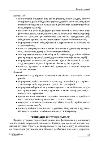 51
Дитина в соціумі
Навчальні:
•• збагачувати уявлення про сім’ю, родину, інших людей, дитяче
товариство, різні об’єднання (групу дошкільного закладу, його
колектив працівників, клас школи, робітників одного виробни-
цтва, народ країни);
•• вправляти в умінні диференціювати людей за ознаками віку
(немовля, дошкільник, школяр, юнак, дорослий, літня людина);
•• навчати способів установлення контактів, узгодження дій,
об’єднання зусиль, укладання елементарних домовленостей;
•• формувати вміння об’єднуватися в угруповання за інтересами
та симпатіями;
•• навчати дотримуватися правил співжиття в дитячому товари-
стві, зважати на думку та інтереси однолітків;
•• збагачувати знання про Україну як Батьківщину, український на-
род, культуру, традиції, деякі державні символи (прапор, герб);
•• формувати елементарні уявлення про найближче й дальнє
людське довкілля, про існування різних країн, народів;
•• навчати працювати в команді, узгоджувати власні інтереси
з колективними.
Виховні:
•• виховувати довірливе ставлення до рідних, педагогів, това­
ришів;
•• формувати доброзичливість, культуру поведінки у стосунках
з людьми різної спорідненості, віку, статі, професії;
•• формувати обережність у контактуванні з незнайомими людь-
ми, прищеплювати звичку тримати з ними певну дистанцію,
поводитися стримано;
•• прищеплювати навички соціально схвалюваного та прийнят-
ного самовираження у контактах з однолітками;
•• виховувати поважне ставлення до літніх людей, турботливе —
до молодших за себе;
•• плекати вміння товаришувати, радіти спілкуванню з друзями,
відчувати вдячність за їхню допомогу та підтримку.
Організація життєдіяльності
Педагог створює сприятливі умови для формування у молодших
дошкільників моральної свідомості (знань про моральні норми, мо-
ральні почуття, совість як внутрішню етичну інстанцію) та морально-
го ставлення (встановлення ділових, особистих взаємин з доросли-
 