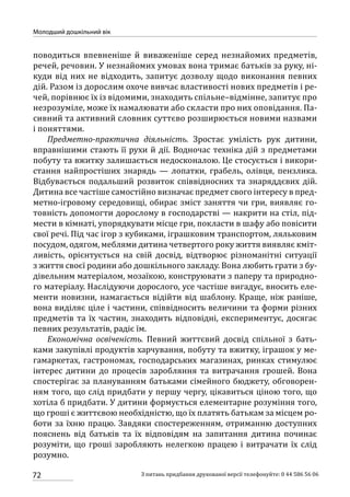 72
Молодший дошкільний вік
З питань придбання друкованої версії телефонуйте: 0 44 586 56 06
поводиться впевненіше й виваженіше серед незнайомих предметів,
речей, речовин. У незнайомих умовах вона тримає батьків за руку, ні-
куди від них не відходить, запитує дозволу щодо виконання певних
дій. Разом із дорослим охоче вивчає властивості нових предметів і ре-
чей, порівнює їх із відомими, знаходить спільне–відмінне, запитує про
незрозуміле, може їх намалювати або скласти про них оповідання. Па-
сивний та активний словник суттєво розширюється новими назвами
і поняттями.
Предметно-практична діяльність. Зростає умілість рук дитини,
вправнішими стають її рухи й дії. Водночас техніка дій з предметами
побуту та вжитку залишається недосконалою. Це стосується і викори-
стання найпростіших знарядь  — лопатки, грабель, олівця, пензлика.
Відбувається подальший розвиток співвідносних та знаряддєвих дій.
Дитина все частіше самостійно визначає предмет свого інтересу в пред-
метно-ігровому середовищі, обирає зміст заняття чи гри, виявляє го-
товність допомогти дорослому в господарстві — накрити на стіл, під-
мести в кімнаті, упорядкувати місце гри, покласти в шафу або повісити
свої речі. Під час ігор з кубиками, іграшковим транспортом, ляльковим
посудом, одягом, меблями дитина четвертого року життя виявляє кміт-
ливість, орієнтується на свій досвід, відтворює різноманітні ситуації
з життя своєї родини або дошкільного закладу. Вона любить грати з бу-
дівельним матеріалом, мозаїкою, конструювати з паперу та природно-
го матеріалу. Наслідуючи дорослого, усе частіше вигадує, вносить еле-
менти новизни, намагається відійти від шаблону. Краще, ніж раніше,
вона виділяє ціле і частини, співвідносить величини та форми різних
предметів та їх частин, знаходить відповідні, експериментує, досягає
певних результатів, радіє їм.
Економічна освіченість. Певний життєвий досвід спільної з бать-
ками закупівлі продуктів харчування, побуту та вжитку, іграшок у ме-
гамаркетах, гастрономах, господарських магазинах, ринках стимулює
інтерес дитини до процесів заробляння та витрачання грошей. Вона
спостерігає за плануванням батьками сімейного бюджету, обговорен-
ням того, що слід придбати у першу чергу, цікавиться ціною того, що
хотіла б придбати. У дитини формується елементарне розуміння того,
що гроші є життєвою необхідністю, що їх платять батькам за місцем ро-
боти за їхню працю. Завдяки спостереженням, отриманню доступних
пояснень від батьків та їх відповідям на запитання дитина починає
розуміти, що гроші заробляють нелегкою працею і витрачати їх слід
розумно.
 