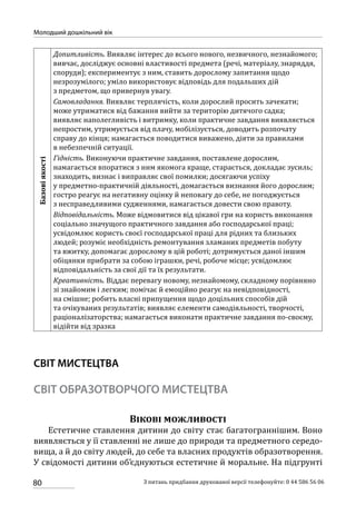 80
Молодший дошкільний вік
З питань придбання друкованої версії телефонуйте: 0 44 586 56 06
Допитливість. Виявляє інтерес до всього нового, незвичного, незнайомого;
вивчає, досліджує основні властивості предмета (речі, матеріалу, знаряддя,
споруди); експериментує з ним, ставить дорослому запитання щодо
незрозумілого; уміло використовує відповідь для подальших дій
з предметом, що привернув увагу.
Самовладання. Виявляє терплячість, коли дорослий просить зачекати;
може утриматися від бажання вийти за територію дитячого садка;
виявляє наполегливість і витримку, коли практичне завдання виявляється
непростим, утримується від плачу, мобілізується, доводить розпочату
справу до кінця; намагається поводитися виважено, діяти за правилами
в небезпечній ситуації.
Базовіякості
Гідність. Виконуючи практичне завдання, поставлене дорослим,
намагається впоратися з ним якомога краще, старається, докладає зусиль;
знаходить, визнає і виправляє свої помилки; досягаючи успіху
у предметно-практичній діяльності, домагається визнання його дорослим;
гостро реагує на негативну оцінку й неповагу до себе, не погоджується
з несправедливими судженнями, намагається довести свою правоту.
Відповідальність. Може відмовитися від цікавої гри на користь виконання
соціально значущого практичного завдання або господарської праці;
усвідомлює користь своєї господарської праці для рідних та близьких
людей; розуміє необхідність ремонтування зламаних предметів побуту
та вжитку, допомагає дорослому в цій роботі; дотримується даної іншим
обіцянки прибрати за собою іграшки, речі, робоче місце; усвідомлює
відповідальність за свої дії та їх результати.
Креативність. Віддає перевагу новому, незнайомому, складному порівняно
зі знайомим і легким; помічає й емоційно реагує на невідповідності,
на смішне; робить власні припущення щодо доцільних способів дій
та очікуваних результатів; виявляє елементи самодіяльності, творчості,
раціоналізаторства; намагається виконати практичне завдання по-своєму,
відійти від зразка
СВІТ МИСТЕЦТВА
СВІТ ОБРАЗОТВОРЧОГО МИСТЕЦТВА
Вікові можливості
Естетичне ставлення дитини до світу стає багатограннішим. Воно
виявляється у її ставленні не лише до природи та предметного середо-
вища, а й до світу людей, до себе та власних продуктів образотворення.
У свідомості дитини об’єднуються естетичне й моральне. На підгрунті
 