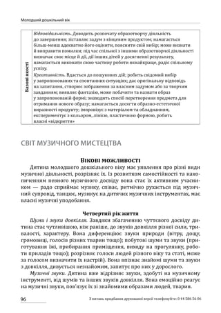 96
Молодший дошкільний вік
З питань придбання друкованої версії телефонуйте: 0 44 586 56 06
Базовіякості
Відповідальність. Доводить розпочату образотворчу діяльність
до завершення; зіставляє задум з кінцевим продуктом; намагається
більш-менш адекватно його оцінити, пояснити свій вибір; може визнати
й виправити помилки; під час спільної з іншими образотворчої діяльності
визначає своє місце й дії, дії інших дітей у досягненні результату,
намагається виконати свою частину роботи якнайкраще, радіє спільному
успіху.
Креативність. Вдається до пошукових дій; робить свідомий вибір
у запропонованих та спонтанних ситуаціях; дає оригінальну відповідь
на запитання, створює зображення за власним задумом або за творчим
завданням; виявляє фантазію, може побачити та назвати образ
у запропонованій формі; знаходить спосіб перетворення предмета для
отримання нового образу; намагається досягти образно-естетичної
виразності продукту; імпровізує з матеріалом та обладнанням,
експериментує з кольором, лінією, пластичною формою, робить
власні «відкриття»
СВІТ МУЗИЧНОГО МИСТЕЦТВА
Вікові можливості
Дитина молодшого дошкільного віку має уявлення про різні види
музичної діяльності, розрізняє їх. Із розвитком самостійності та нако-
пиченням певного музичного досвіду вона стає їх активним учасни-
ком  — радо сприймає музику, співає, ритмічно рухається під музич-
ний супровід, танцює, музикує на дитячих музичних інструментах, має
власні музичні уподобання.
Четвертий рік життя
Шуми і звуки довкілля. Завдяки збагаченню чуттєвого досвіду ди-
тина стає чутливішою, ніж раніше, до звуків довкілля різної сили, три-
валості, характеру. Вона диференціює звуки природи (вітру, дощу,
громовиці, голосів різних тварин тощо); побутові шуми та звуки (при-
готування їжі, прибирання приміщення, виходу на прогулянку, робо-
ти приладів тощо); розрізняє голоси людей різного віку та статі, може
за голосом визначити їх настрій). Вона впізнає знайомі шуми та звуки
з довкілля, дивується незнайомим, запитує про них у дорослого.
Музичні звуки. Дитина вже відрізняє звуки, здобуті на музичному
інструменті, від шумів та інших звуків довкілля. Вона емоційно реагує
на музичні звуки, пов’язує їх зі знайомими образами людей, тварин.
 