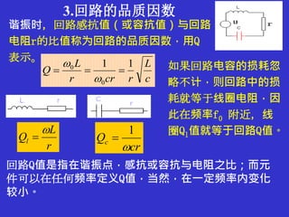 c
L
rcrr
L
Q
11
0
0



cr
Qc

1

r
L
Ql


回路Q值是指在谐振点，感抗或容抗与电阻之比；而元
件可以在任何频率定义Q值，当然，在一定频率内变化
较小。
如果回路电容的损耗忽
略不计，则回路中的损
耗就等于线圈电阻，因
此在频率f0 附近，线
圈Ql值就等于回路Q值。
3.回路的品质因数
谐振时，回路感抗值（或容抗值）与回路
电阻r的比值称为回路的品质因数，用Q
表示。
 