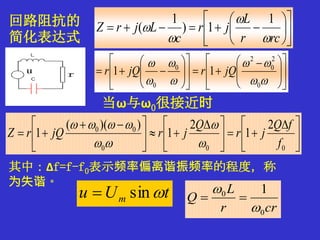 












rcr
L
jr
c
LjrZ




1
1)
1
(
当ω与ω0很接近时





 





 





 

000
00 2
1
2
1
))((
1
f
fQ
jr
Q
jrjQrZ




其中：Δf=f-f0表示频率偏离谐振频率的程度，称
为失谐。
回路阻抗的
简化表达式











 



















0
2
0
2
0
0
11 jQrjQr
tUu m sin
crr
L
Q
0
0 1



 