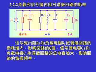 2.2.2负载和信号源内阻对谐振回路的影响
信号源内阻Rs和负载电阻RL使调谐回路的
损耗增大，影响回路的Q值，信号源电容Cs和
负载电容CL使调谐回路的总电容加大，影响回
路的谐振频率。
 