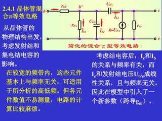 从晶体管的
物理结构出发，
考虑发射结和
集电结电容的
影响。
2.4.1 晶体管混
合π等效电路
考虑结电容后，Ic和Ib
的关系与频率有关，而
Ic和发射结电压Ub’e成线
性关系，且与频率无关。
因此在模型中引入了一
个新参数（跨导gm）。
在较宽的频带内，这些元件
基本上与频率无关，可适用
于所分析的高低频。但各元
件数值不易测量，电路的计
算比较麻烦。
 