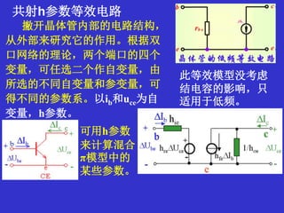 共射h参数等效电路
此等效模型没考虑
结电容的影响，只
适用于低频。
撇开晶体管内部的电路结构，
从外部来研究它的作用。根据双
口网络的理论，两个端口的四个
变量，可任选二个作自变量，由
所选的不同自变量和参变量，可
得不同的参数系。以ib和uce为自
变量，h参数。
可用h参数
来计算混合
π模型中的
某些参数。
 