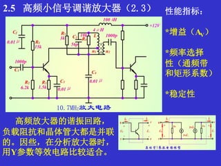 2.5 高频小信号调谐放大器（2.3） 性能指标：
*增益（AV）
*频率选择
性（通频带
和矩形系数）
*稳定性
高频放大器的谐振回路，
负载阻抗和晶体管大都是并联
的。因些，在分析放大器时，
用Y参数等效电路比较适合。
 