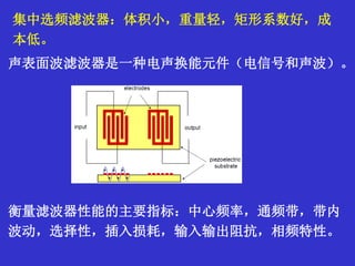集中选频滤波器：体积小，重量轻，矩形系数好，成
本低。
声表面波滤波器是一种电声换能元件（电信号和声波）。
衡量滤波器性能的主要指标：中心频率，通频带，带内
波动，选择性，插入损耗，输入输出阻抗，相频特性。
 