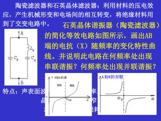 陶瓷滤波器和石英晶体滤波器：利用材料的压电效
应，产生机械形变和电场间的相互转变，将绝缘材料用
到了交变电路中。
特点：声表面波滤波器的工作频率最高，陶瓷最低。
晶体的相对带宽最窄，声表面波可窄可宽。
均有一定的插入损耗。
石英晶体谐振器（陶瓷滤波器）
的简化等效电路如图所示，画出AB
端的电抗（X）随频率的变化特性曲
线。并说明此电路在何频率处出现
串联谐振？何频率处出现并联谐振？
 