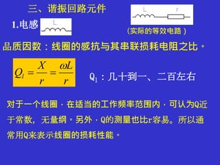 三、谐振回路元件
1.电感
品质因数：线圈的感抗与其串联损耗电阻之比。
r
L
r
X
Ql


对于一个线圈，在适当的工作频率范围内，可认为Q近
于常数，无量纲。另外，Q的测量也比r容易。所以通
常用Q来表示线圈的损耗性能。
（实际的等效电路）
Ql：几十到一、二百左右
 