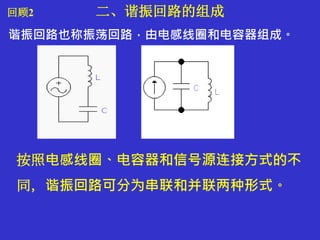二、谐振回路的组成
谐振回路也称振荡回路，由电感线圈和电容器组成。
按照电感线圈、电容器和信号源连接方式的不
同，谐振回路可分为串联和并联两种形式。
回顾2
 