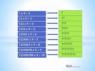 1 x 9 + 2
12 x 9 + 3
123 x 9 + 4
1234 x 9 + 5
12345 x 9 + 6
123456 x 9 + 7
1234567 x 9 + 8
12345678 x 9 + 9
123456789 x 9 + 10
 