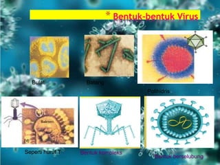 * Bentuk-bentuk Virus
Bulat
Polihidris
Batang
Seperti huruf T Bentuk kompleks
Bentuk berselubung
 