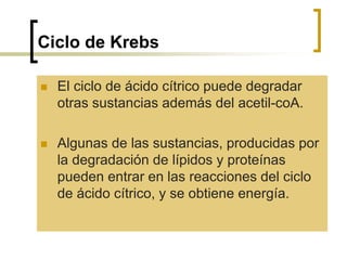 Ciclo de Krebs
 El ciclo de ácido cítrico puede degradar
otras sustancias además del acetil-coA.
 Algunas de las sustancias, producidas por
la degradación de lípidos y proteínas
pueden entrar en las reacciones del ciclo
de ácido cítrico, y se obtiene energía.
 