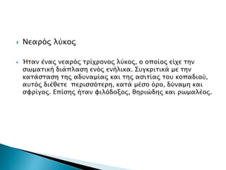  Νεαρός λύκος
 Ήταν ένας νεαρός τρίχρονος λύκος, ο οποίος είχε την
σωματική διάπλαση ενός ενήλικα. Συγκριτικά με την
κατάσταση της αδυναμίας και της ασιτίας του κοπαδιού,
αυτός διέθετε περισσότερη, κατά μέσο όρο, δύναμη και
σφρίγος. Επίσης ήταν φιλόδοξος, θηριώδης και ρωμαλέος.
 