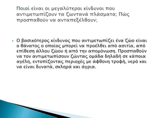 Ο βασικότερος κίνδυνος που αντιμετωπίζει ένα ζώο είναι
ο θάνατος ο οποίος μπορεί να προέλθει από ασιτία, από
επίθεση άλλου ζώου ή από την απομόνωση. Προσπαθούν
να τον αντιμετωπίσουν ζώντας ομάδα δηλαδή σε κάποια
αγέλη, εντοπίζοντας περιοχές με άφθονη τροφή, νερό και
να είναι δυνατά, σκληρά και άγρια.
 