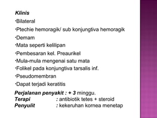 Klinis
•Bilateral
•Ptechie hemoragik/ sub konjungtiva hemoragik
•Demam
•Mata seperti kelilipan
•Pembesaran kel. Preaurikel
•Mula-mula mengenai satu mata
•Folikel pada konjungtiva tarsalis inf.
•Pseudomembran
•Dapat terjadi keratitis
Perjalanan penyakit : + 3 minggu.
Terapi : antibiotik tetes + steroid
Penyulit : kekeruhan kornea menetap
 