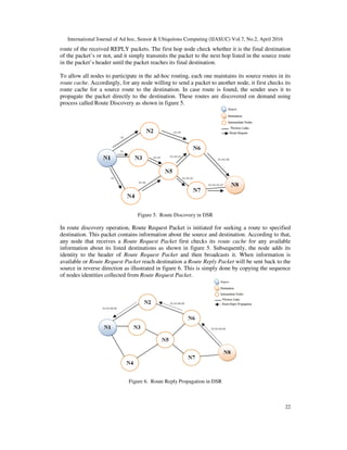 International Journal of Ad hoc, Sensor & Ubiquitous Computing (IJASUC) Vol.7, No.2, April 2016
22
route of the received REPLY packets. The first hop node check whether it is the final destination
of the packet’s or not, and it simply transmits the packet to the next hop listed in the source route
in the packet’s header until the packet reaches its final destination.
To allow all nodes to participate in the ad-hoc routing, each one maintains its source routes in its
route cache. Accordingly, for any node willing to send a packet to another node, it first checks its
route cache for a source route to the destination. In case route is found, the sender uses it to
propagate the packet directly to the destination. These routes are discovered on demand using
process called Route Discovery as shown in figure 5.
Figure 5. Route Discovery in DSR
In route discovery operation, Route Request Packet is initiated for seeking a route to specified
destination. This packet contains information about the source and destination. According to that,
any node that receives a Route Request Packet first checks its route cache for any available
information about its listed destinations as shown in figure 5. Subsequently, the node adds its
identity to the header of Route Request Packet and then broadcasts it. When information is
available or Route Request Packet reach destination a Route Reply Packet will be sent back to the
source in reverse direction as illustrated in figure 6. This is simply done by copying the sequence
of nodes identities collected from Route Request Packet.
Figure 6. Route Reply Propagation in DSR
 