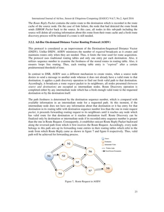 International Journal of Ad hoc, Sensor & Ubiquitous Computing (IJASUC) Vol.7, No.2, April 2016
23
The Route Reply Packet contains the entire route to the destination which is recorded in the route
cache of the source node. On the case of link failure, the node that had detected the route break
sends ERROR Packet back to the source. In this case, all nodes in this sub-path including the
source will delete all existing information about this route from their route cache and a fresh route
discovery process will be initiated if a route is still needed.
3.2.2. Ad-Hoc On-demand Distance Vector Routing Protocol (AODV)
This protocol is considered as an improvement of the Destination-Sequenced Distance Vector
(DSDV). Unlike DSDV, AODV minimizes the number of required broadcasts as it creates and
maintains routes only when they are needed. Thus, it limits the time used for route acquisition.
The protocol uses traditional routing tables and only one entry per each destination. Also, it
utilizes sequence number to examine the freshness of the stored routes in routing table. Also, it
ensures loops free routing. Thus, each routing table entry is “expired” after a certain
predetermined threshold of time.
In contrast to DSR, AODV uses a different mechanism to create routes, when a source node
desires to send a message to another node whereas it does not already have a valid route to that
destination, it applies a path discovery operation to find out fresh valid path to that destination.
Accordingly, it broadcasts a route request packet to its neighbours, all nodes presented (between
source and destination) are occupied as intermediate nodes. Route Discovery operation is
completed either by any intermediate node which has a fresh enough valid route to the requested
destination or by the destination itself.
The path freshness is determined by the destination sequence number, which is compared with
available information in an intermediate node for a requested path. At this moment, if the
intermediate node does not have any information about that destination or it has entry for that
destination in its routing table with destination sequence number less than the one in route request
packet, it proceeds forwarding routing request to its neighbours until it reaches any node which
has valid route for that destination or it reaches destination itself. Route Discovery can be
finalized only by destination or intermediate node if its recorded entry sequence number is greater
than the one in Route Request. Consequently, it establishes unicast Route Reply Packet backward
along the reversed path from which it first receives the Route Request. Accordingly, every node
belongs to this path sets up its forwarding route entries in their routing tables which refer to the
node from which Route Reply came as shown in figure 7 and figure 8 respectively. Thus, valid
path will be achieved for forwarding process.
Figure 7. Route Request in AODV
 