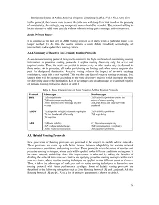 International Journal of Ad hoc, Sensor & Ubiquitous Computing (IJASUC) Vol.7, No.2, April 2016
26
In this protocol, the chosen route is more likely the one with long-lived that based on the property
of associativity. Accordingly, any unexpected moves should be recorded. The protocol will try to
locate alternative valid route quickly without re-broadcasting query message, unless necessary.
Route Deletion Phase:
It is counted as the last step in ABR routing protocol as it starts when a particular route is no
longer needed. To do this, the source initiates a route delete broadcast; accordingly, all
intermediate nodes update their routing entries.
3.2.4. Summary of Reactive (on-Demand) Routing Protocols
As on-demand routing protocol designed to minimize the high overheads of maintaining routing
information in proactive routing protocols, it applies routing discovery only for active and
required routes. Thus, the node can predict its connectivity to other nodes only on demand to
those nodes. As in proactive, all nodes participating on finding path when source requests that
path for designated destination. Reactive routing reduces the impact of network topology
consistency, since this is not required. This was the core idea of reactive routing technique. But,
latency time will be increase according to the route discovery process which increases the time
for delivering data to the destination. List of advantages and disadvantages of examined reactive
on demand routing protocol as shown in table 4.
Table 4. Basic Characteristics of Some Proactive Ad-Hoc Routing Protocols
Protocol Advantages Disadvantages
DSR (1) Multiple route
(2) Promiscuous overhearing
(3) No periodic hello message and fast
recover
(1) Scalability problems due to the
nature of source routing
(2) Large delay and large networks
overhead
AODV (1) Adaptable to highly dynamic topologies
(2)Uses bandwidth efficiently
(3)Loop free
(1) Scalability problems
(2) Large delay
ABR (1) Route stability
(2)Avoid packet duplicates
(3) No route reconstruction
(1) Operation complexity
(2) Communication complexity
(3) Scalability problems
3.3. Hybrid Routing Protocols
New generation of Routing protocols are generated to be adapted in mobile ad-hoc networks.
These protocols are come up with better balance between adaptability for various network
circumstances, conditions, and routing overhead. These protocols adapt the nature of reactive and
proactive routing techniques, where each will be applied under different conditions and regions. It
increases network scalability, since this improvement is achieved by taking the benefits of
dividing the network into zones or clusters and applying proactive routing concepts within each
zone or cluster, where reactive routing techniques are applied across different zones or clusters.
Thus, it takes the advantages of both pro- and re- active routing techniques to formulate new
routing protocol with better performance paradigm. Some of hybrid routing protocols are
described in the following subsection such as Zone Routing Protocol [5] and Landmark Ad-Hoc
Routing Protocol [3] and [4]. Also, a list of protocols parameters is shown in table 5.
 
