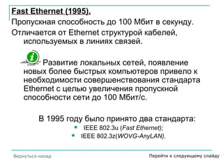 Fast Ethernet (1995).
Пропускная способность до 100 Мбит в секунду.
Отличается от Ethernet структурой кабелей,
используемых в линиях связей.
Развитие локальных сетей, появление
новых более быстрых компьютеров привело к
необходимости совершенствования стандарта
Ethernet с целью увеличения пропускной
способности сети до 100 Мбит/с.
В 1995 году было принято два стандарта:
 IEEE 802.3u (Fast Ethernet);
 IEEE 802.3z(WOVG-AnyLAN).
Вернуться назад Перейти к следующему слайду
 