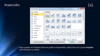 Inserción. [2].
• Aquí puedes ver listados todos los gráficos disponibles, selecciona uno y pulsa Aceptar
para empezar a crearlo.
11
 