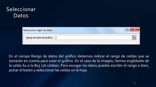 Seleccionar
Datos
14
En el campo Rango de datos del gráfico debemos indicar el rango de celdas que se
tomarán en cuenta para crear el gráfico. En el caso de la imagen, hemos englobado de
la celda A1 a la B13 (26 celdas). Para escoger los datos puedes escribir el rango o bien,
pulsar el botón y seleccionar las celdas en la hoja.
 