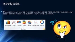 Introducción.
• PARA INSERTAR UN GRÁFICO TENEMOS VARIAS OPCIONES, PERO SIEMPRE UTILIZAREMOS LA
SECCIÓN GRÁFICOS QUE SE ENCUENTRA EN LA PESTAÑA INSERTAR.
8
 