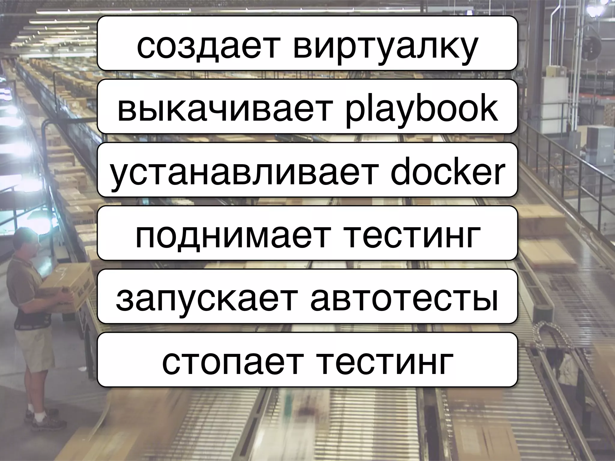 создает виртуалку
выкачивает playbook
устанавливает docker
поднимает тестинг
запускает автотесты
стопает тестинг
 