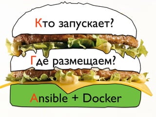 Где размещаем?
Кто запускает?
Ansible + Docker
 