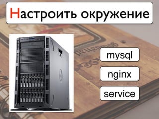 Настроить окружение
mysql
nginx
service
 