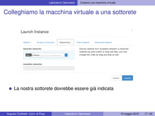 Laboratorio Openstack Creiamo una macchina virtuale
Colleghiamo la macchina virtuale a una sottorete
La nostra sottorete dovrebbe essere già indicata
Augusto Ciuffoletti (Univ. di Pisa) Laboratorio Openstack 13 maggio 2016 17 / 30
 