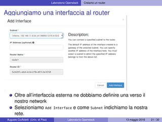 Laboratorio Openstack Creiamo un router
Aggiungiamo una interfaccia al router
Oltre all’interfaccia esterna ne dobbiamo deﬁnire una verso il
nostro network
Selezioniamo Add Interface e come Subnet indichiamo la nostra
rete.
Augusto Ciuffoletti (Univ. di Pisa) Laboratorio Openstack 13 maggio 2016 21 / 30
 