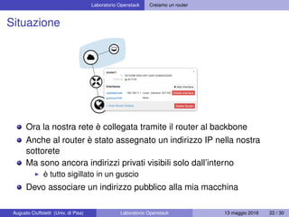 Laboratorio Openstack Creiamo un router
Situazione
Ora la nostra rete è collegata tramite il router al backbone
Anche al router è stato assegnato un indirizzo IP nella nostra
sottorete
Ma sono ancora indirizzi privati visibili solo dall’interno
è tutto sigillato in un guscio
Devo associare un indirizzo pubblico alla mia macchina
Augusto Ciuffoletti (Univ. di Pisa) Laboratorio Openstack 13 maggio 2016 22 / 30
 
