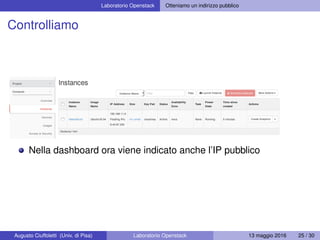 Laboratorio Openstack Otteniamo un indirizzo pubblico
Controlliamo
Nella dashboard ora viene indicato anche l’IP pubblico
Augusto Ciuffoletti (Univ. di Pisa) Laboratorio Openstack 13 maggio 2016 25 / 30
 