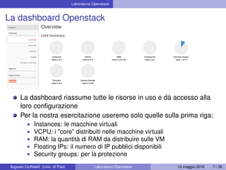 Laboratorio Openstack
La dashboard Openstack
La dashboard riassume tutte le risorse in uso e dà accesso alla
loro conﬁgurazione
Per la nostra esercitazione useremo solo quelle sulla prima riga:
Instances: le macchine virtuali
VCPU: i "core" distribuiti nelle macchine virtuali
RAM: la quantità di RAM da distribuire sulle VM
Floating IPs: il numero di IP pubblici disponibili
Security groups: per la protezione
Augusto Ciuffoletti (Univ. di Pisa) Laboratorio Openstack 13 maggio 2016 7 / 30
 