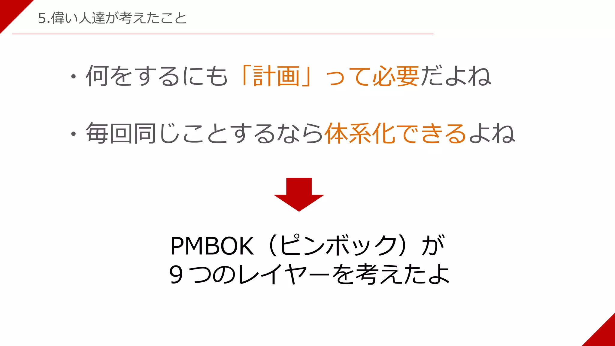 5.偉い人達が考えたこと
・何をするにも「計画」って必要だよね
・毎回同じことするなら体系化できるよね
PMBOK（ピンボック）が
９つのレイヤーを考えたよ
 