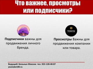 Что важнее, просмотры
или подписчики?
Просмотры Важны для
продвижения компании
или товара.
Подписчики важны для
продвижения личного
бренда.
Ведущий: Больных Максим тел. 922-128-48-87
youtube100.ru
 