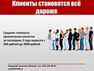 Клиенты становятся всё
дороже
Средняя стоимость
привлечения клиентов
за последние 3 года выросла с
200 рублей до 2000 рублей
Ведущий: Больных Максим тел. 922-128-48-87
youtube100.ru
 