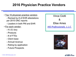 2016 Physician Practice Vendors
• Top 10 physician practice vendors
- Ranked by # of EHR attestations
per 2015 ONC reports...