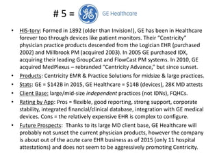• HIS-tory: Formed in 1892 (older than Invision!), GE has been in Healthcare
forever too through devices like patient monitors. Their “Centricity”
physician practice products descended from the Logician EHR (purchased
2002) and Millbrook PM (acquired 2003). In 2005 GE purchased IDX,
acquiring their leading GroupCast and FlowCast PM systems. In 2010, GE
acquired MedPlexus – rebranded “Centricity Advance,” but since sunset.
• Products: Centricity EMR & Practice Solutions for midsize & large practices.
• Stats: GE = $142B in 2015, GE Healthcare = $14B (devices), 28K MD attests
• Client Base: large/mid-size independent practices (not IDNs), FQHCs.
• Rating by App: Pros = flexible, good reporting, strong support, corporate
stability, integrated financial/clinical database, integration with GE medical
devices. Cons = the relatively expensive EHR is complex to configure.
• Future Prospects: Thanks to its large MD client base, GE Healthcare will
probably not sunset the current physician products, however the company
is about out of the acute care EHR business as of 2015 (only 11 hospital
attestations) and does not seem to be aggressively promoting Centricity.
# 5 =
 