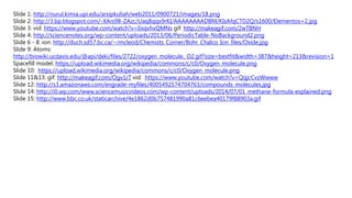 Slide 1: http://nurul.kimia.upi.edu/arsipkuliah/web2011/0900721/images/18.png
Slide 2: http://3.bp.blogspot.com/-XArs98-ZAzc/Uaq8qqx9rKI/AAAAAAAADBM/KIsAfqCTD2Q/s1600/Elementos+2.jpg
Slide 3: vid: https://www.youtube.com/watch?v=IixqvhxQMNs gif: http://makeagif.com/2wTBNH
Slide 4: http://sciencenotes.org/wp-content/uploads/2013/06/PeriodicTable-NoBackground2.png
Slide 6 - 8: ion: http://duch.sd57.bc.ca/~rmcleod/Chemists_Corner/Bohr_Chalco_Ion_files/Oxide.jpg
Slide 9: Atoms:
http://biowiki.ucdavis.edu/@api/deki/files/2722/oxygen_molecule,_O2.gif?size=bestfit&width=387&height=213&revision=1
Spacefill model: https://upload.wikimedia.org/wikipedia/commons/c/c0/Oxygen_molecule.png
Slide 10: https://upload.wikimedia.org/wikipedia/commons/c/c0/Oxygen_molecule.png
Slide 11&13: gif: http://makeagif.com/Ogv1rT vid: https://www.youtube.com/watch?v=QqjcCvzWwww
Slide 12: http://s3.amazonaws.com/engrade-myfiles/4005492574704763/compounds_molecules.jpg
Slide 14: http://i0.wp.com/www.sciencemusicvideos.com/wp-content/uploads/2014/07/01_methane-formula-explained.png
Slide 15: http://www.bbc.co.uk/staticarchive/4e1862d0b757481990a81c6eebea40179f88903a.gif
 