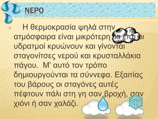 Η θερμοκρασία ψηλά στην
ατμόσφαιρα είναι μικρότερη κι έτσι οι
υδρατμοί κρυώνουν και γίνονται
σταγονίτσες νερού και κρυσταλλάκια
πάγου. Μ’ αυτό τον τρόπο
δημιουργούνται τα σύννεφα. Εξαιτίας
του βάρους οι σταγόνες αυτές
πέφτουν πάλι στη γη σαν βροχή, σαν
χιόνι ή σαν χαλάζι.
NΕΡΟNΕΡΟ
 