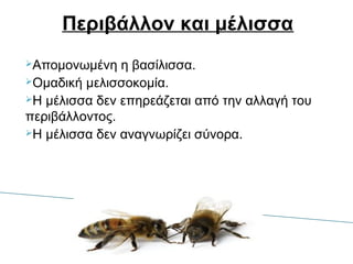 Περιβάλλον και μέλισσα
Απομονωμένη η βασίλισσα.
Ομαδική μελισσοκομία.
Η μέλισσα δεν επηρεάζεται από την αλλαγή του
περιβάλλοντος.
Η μέλισσα δεν αναγνωρίζει σύνορα.
 