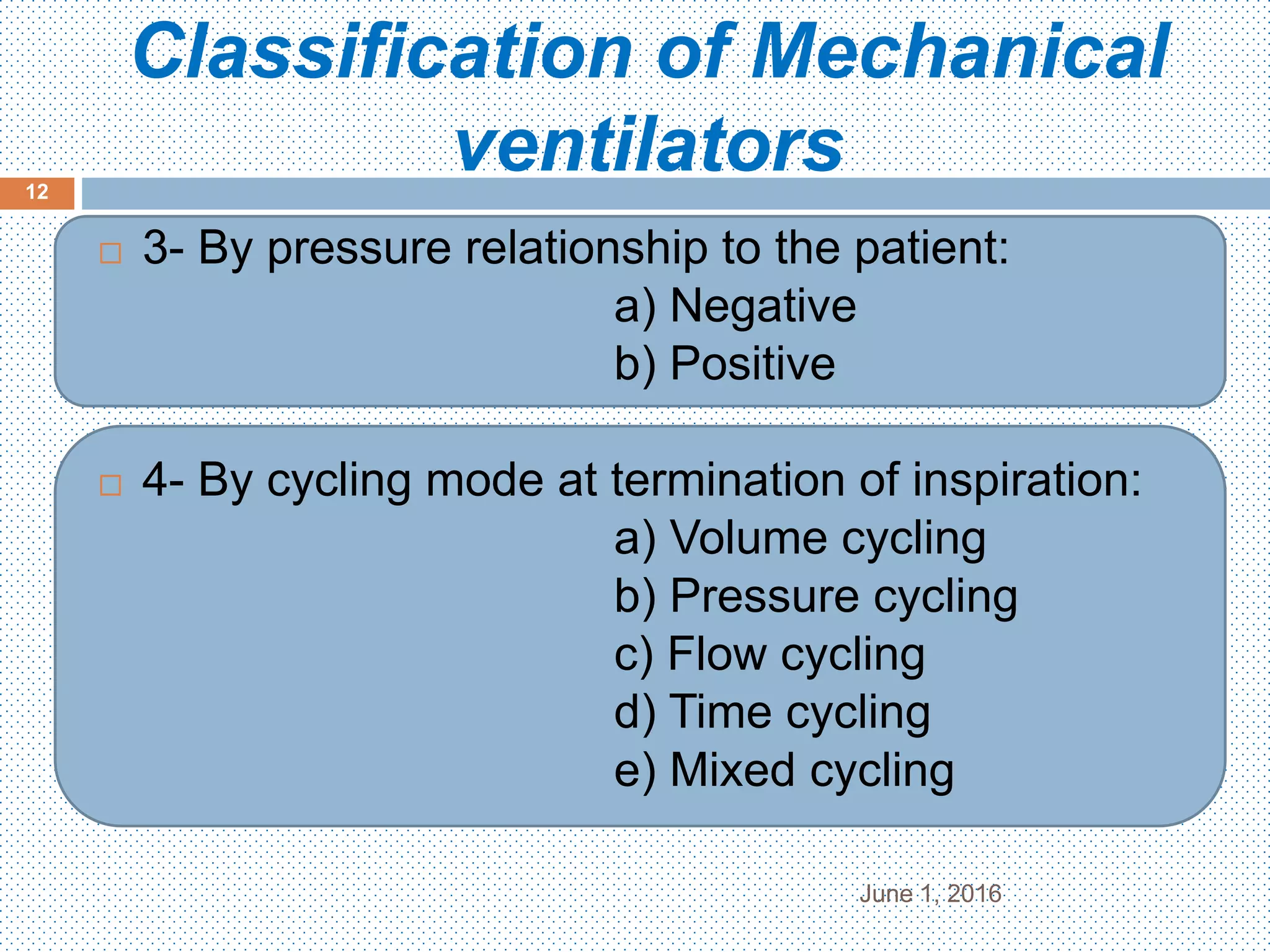 Classification of Mechanical
ventilators
June 1, 2016
12
 3- By pressure relationship to the patient:
a) Negative
b) Positive
 4- By cycling mode at termination of inspiration:
a) Volume cycling
b) Pressure cycling
c) Flow cycling
d) Time cycling
e) Mixed cycling
 