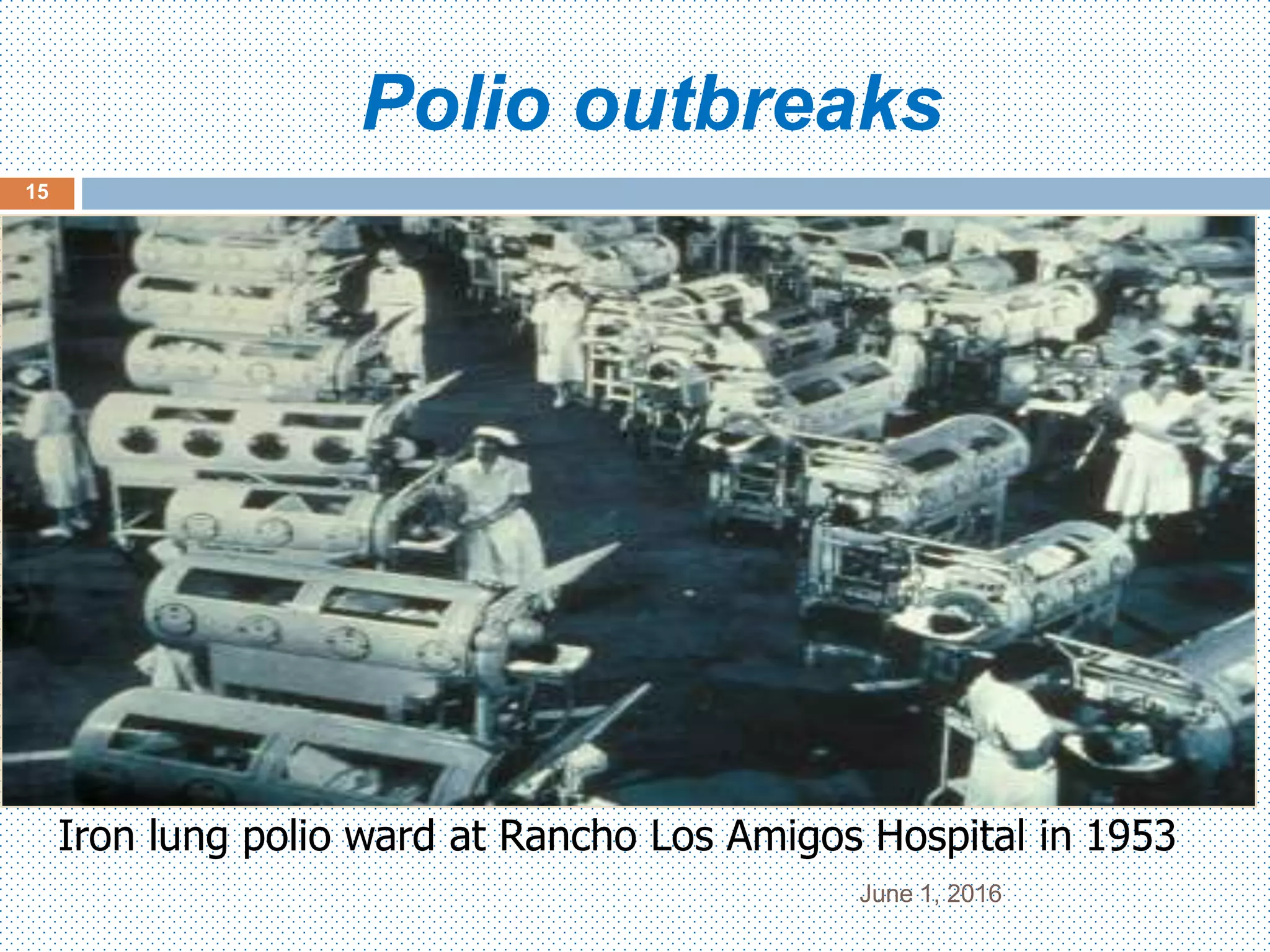 Polio outbreaks
June 1, 2016
15
Iron lung polio ward at Rancho Los Amigos Hospital in 1953
 