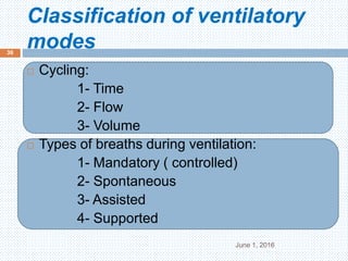 Classification of ventilatory
modes
June 1, 2016
36
 Cycling:
1- Time
2- Flow
3- Volume
 Types of breaths during ventilation:
1- Mandatory ( controlled)
2- Spontaneous
3- Assisted
4- Supported
 