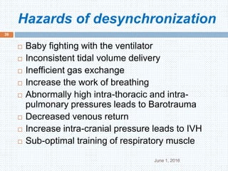 Hazards of desynchronization
June 1, 2016
39
 Baby fighting with the ventilator
 Inconsistent tidal volume delivery
 Inefficient gas exchange
 Increase the work of breathing
 Abnormally high intra-thoracic and intra-
pulmonary pressures leads to Barotrauma
 Decreased venous return
 Increase intra-cranial pressure leads to IVH
 Sub-optimal training of respiratory muscle
 