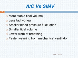 A/C Vs SIMV
June 1, 2016
56
 More stable tidal volume
 Less tachypnea
 Smaller blood pressure fluctuation
 Smaller tidal volume
 Lower work of breathing
 Faster weaning from mechanical ventilator
 